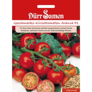 Dürr Samen Geschmacks-Kirschtomaten Aranca F1 Saatgut mit roten Tomaten und grünen Blättern.