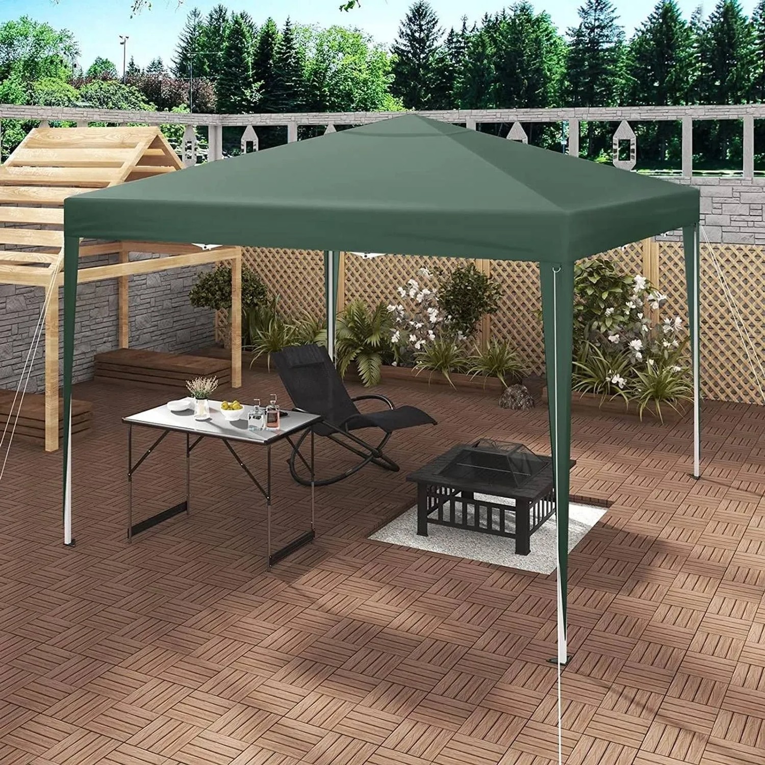 Grüner WOLTU Pop-Up Pavillon 3x3m auf Terrasse, wasserdichter Sonnenschutz für Garten & Outdoor.