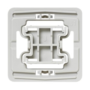 Homematic IP Adapter Jung J1 aus hellgrauem Kunststoff. Quadratischer Rahmen mit komplexer Innenstruktur für Schalterserien.