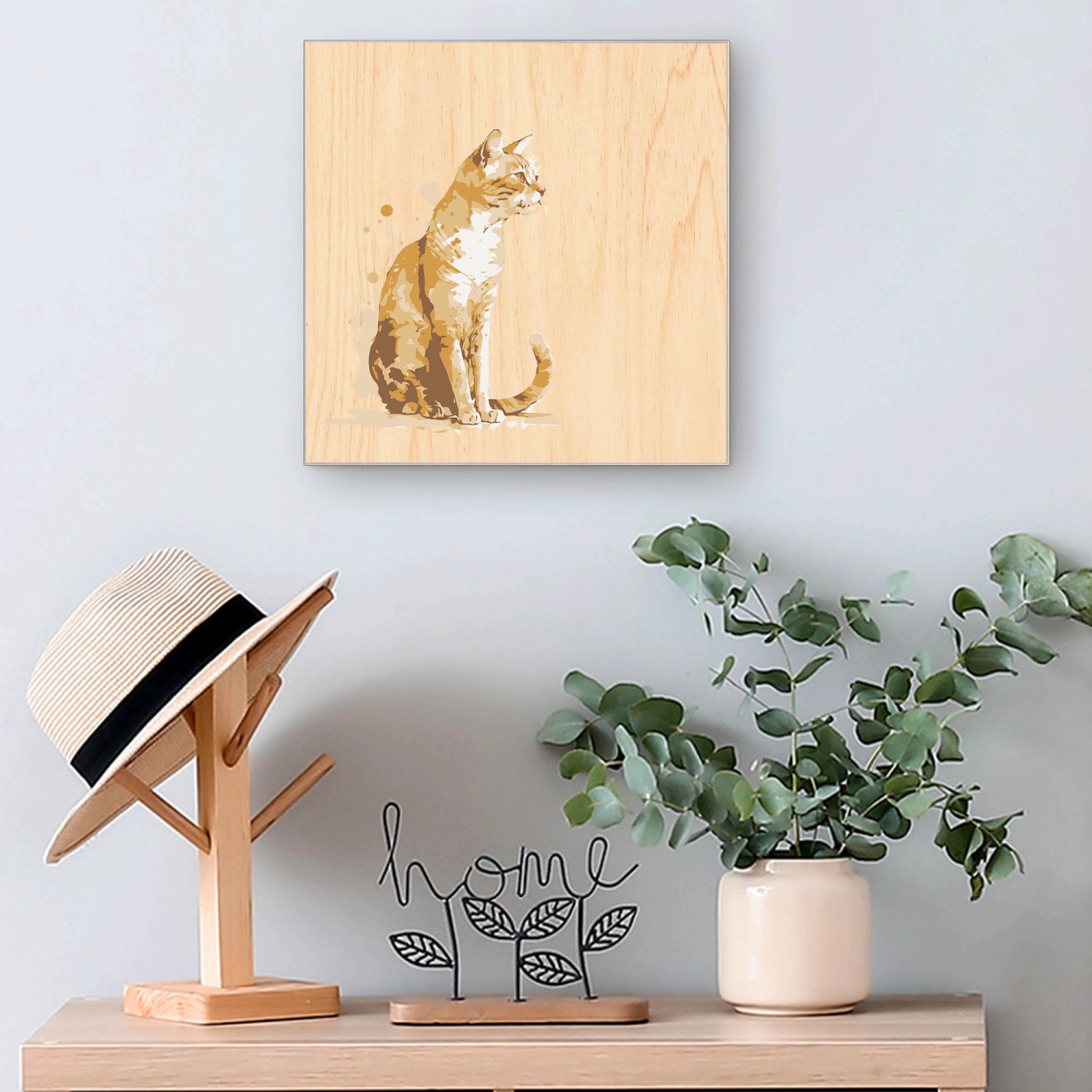 Banjado Schlüsselkasten mit Aquarellkatze, Holz, 30x30cm, 50 Haken, Scharnier links.