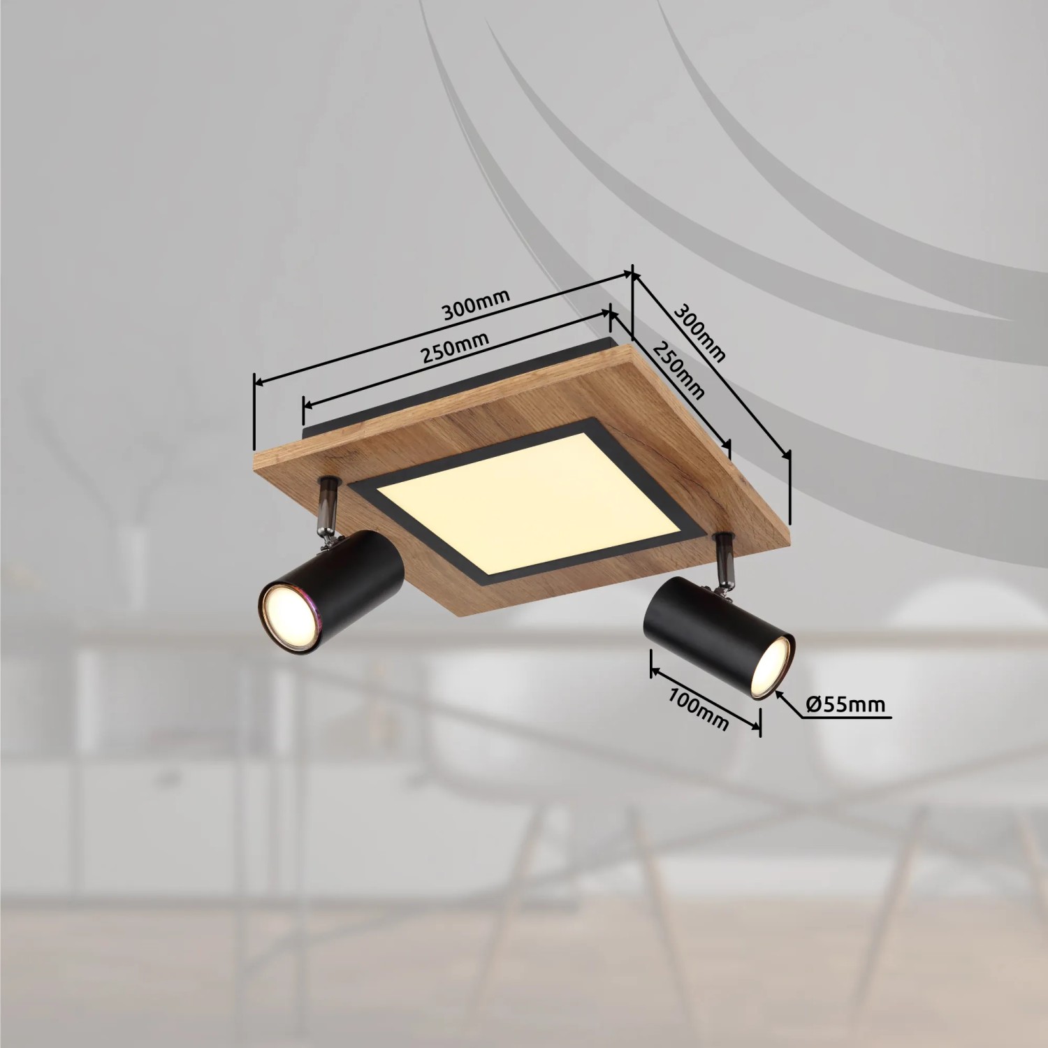 Globo LED-Deckenleuchte Ulla, 3-flammig, schwarz matt, mit Holzoptik und zwei GU10 Fassungen.