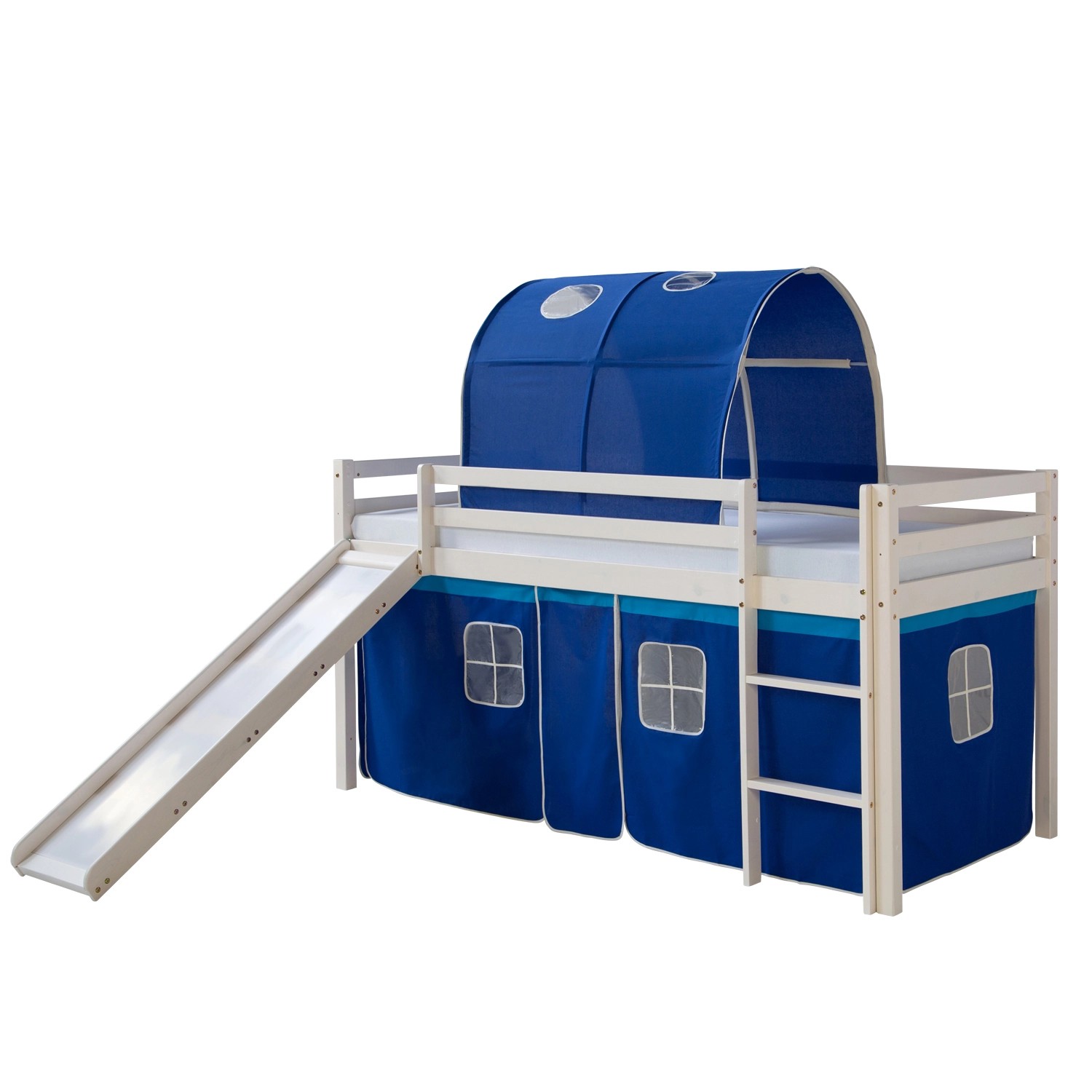 Homestyle4u Hochbett 90x200 Weiß mit Rutsche Vorhang Blau 1568