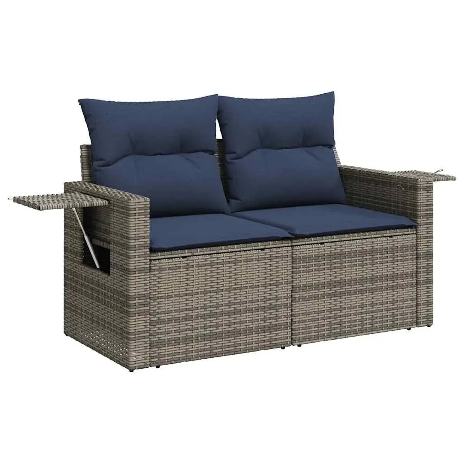Graue 2-Sitzer Garten-Sofagarnitur aus Polyrattan mit blauen Kissen und Ablagetisch.