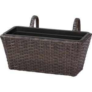 Brauner Balkon-Pflanzkasten aus Polyrattan mit Haken zur Geländerbefestigung, 40x28x22 cm.