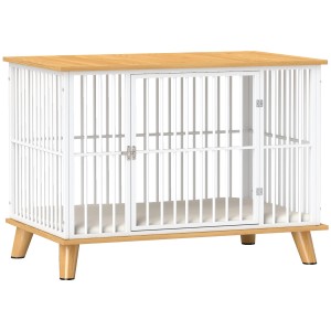 PawHut Hundekäfig aus Stahl und Holz in Weiß/Eiche, mit Gittertür und weichem Kissen.