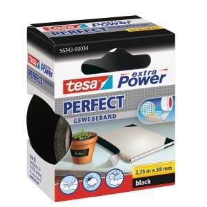 Tesa Extra Power Perfect Gewebeband, schwarz, 2,75 m x 38 mm, auf der Verpackung.