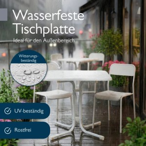 Weißer rechteckiger Bistrotisch im Regen auf Terrasse, wetterfest, UV-beständig und rostfrei. Perfekt für Outdoor.