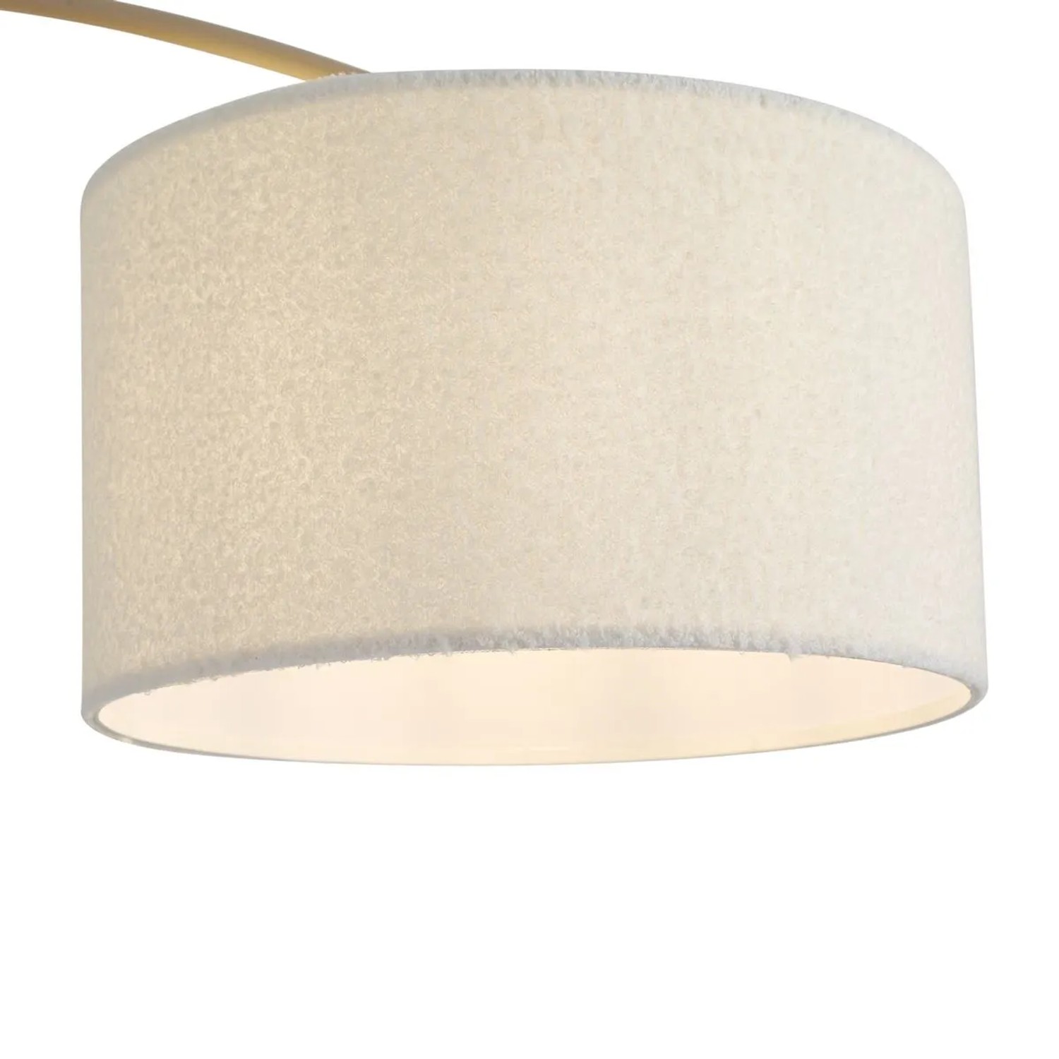 Beige Bogenlampe Vinossa mit Teddy-Stoff Schirm, moderne Innenleuchte für Wohnraum.