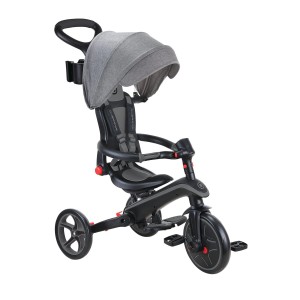 Globber Explorer Trike 4in1: Grau-schwarzes Kinder-Dreirad mit Sonnenschutz und Schubstange.