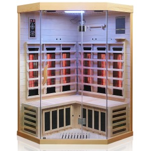 Dewello Infrarotkabine Brandon für 2 Personen aus Hemlock-Holz mit Vollspektrum- und Karbonstrahlern.