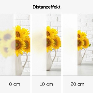 Weiße Frosted Fensterfolie demonstriert Distanzeffekt: Sonnenblumen bei 0, 10, 20 cm für blickdichten UV-Schutz.