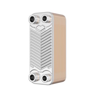 Wiltec Edelstahl Plattenwärmetauscher, silber mit Chevron-Muster und vier Anschlüssen. Für Wärmequellen.
