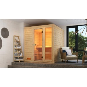 Weka Massivholzsauna Valida mit Glastür und Fenster, inklusive Saunaleuchtenset.
