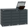Anthrazitfarbene Mülltonnenbox aus verzinktem Stahl für 3x 240L Mülltonnen. Robuste Metallverkleidung mit offenem Deckel.