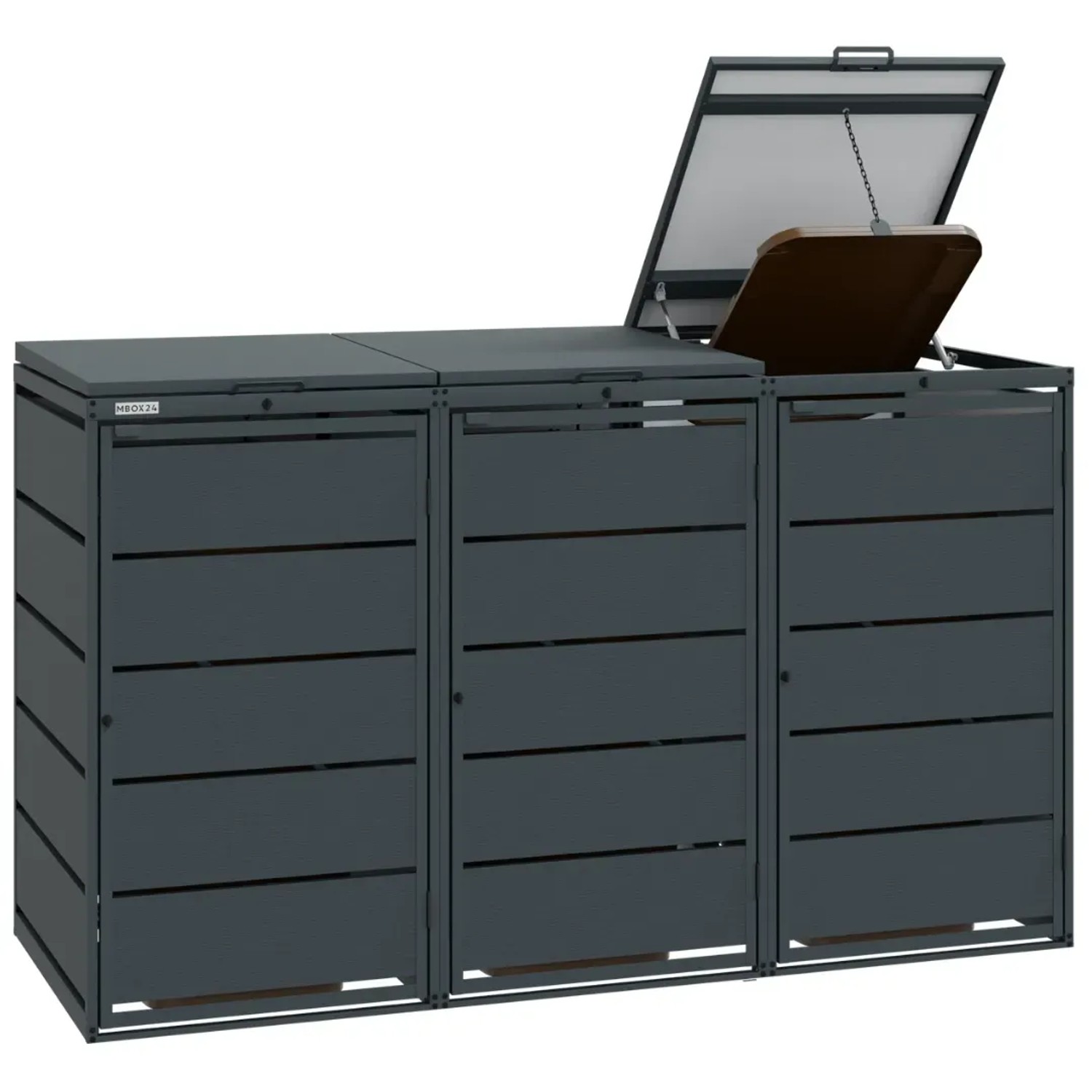 Anthrazitfarbene Mülltonnenbox aus verzinktem Stahl für 3x 240L Mülltonnen. Robuste Metallverkleidung mit offenem Deckel.
