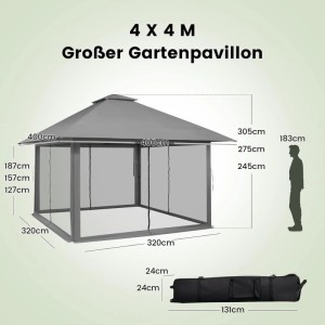 Costway 4 x 4 m Pavillon Gartenpavillon mit Netzseitenwänden Grau