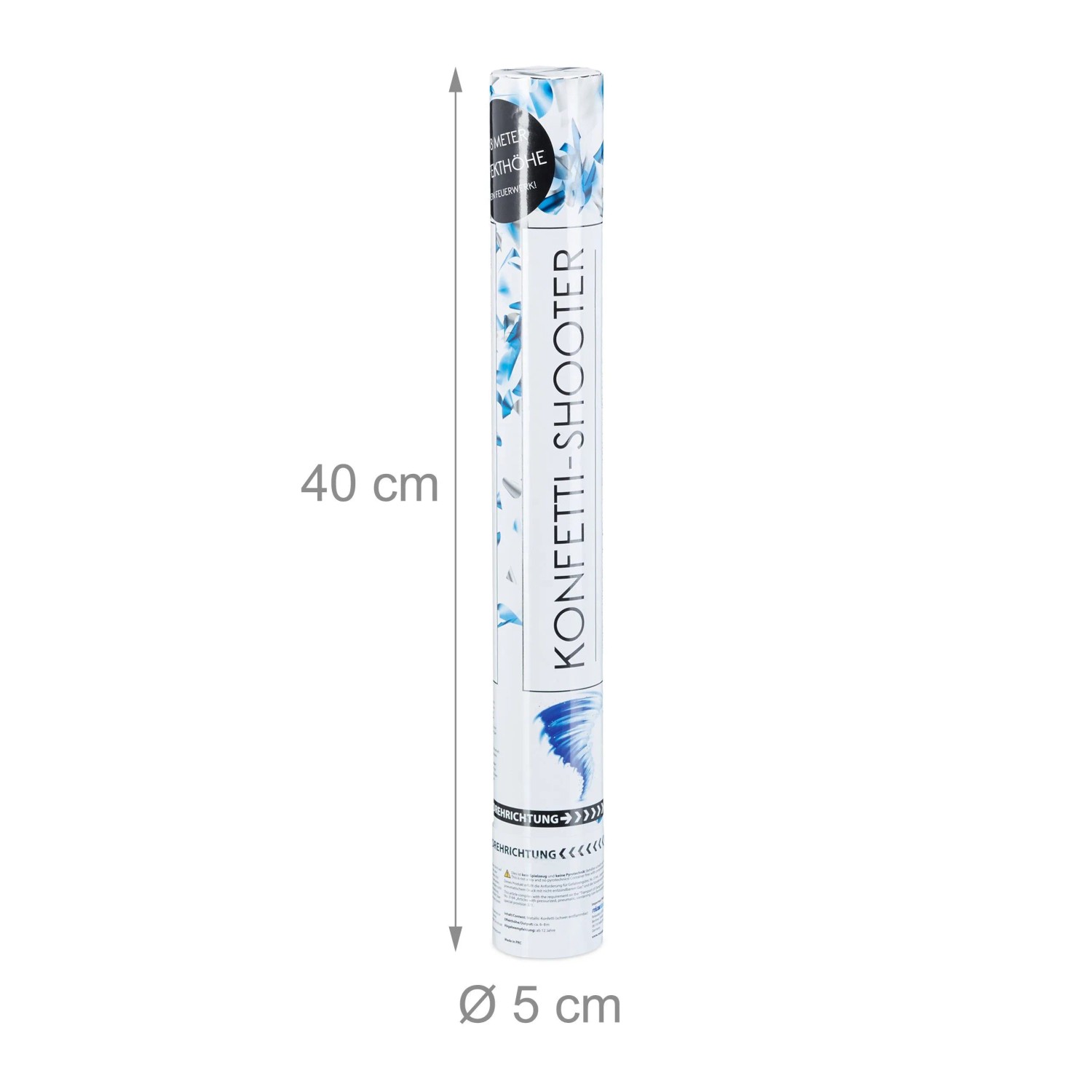 Relaxdays Konfettikanone Blau Silber, 40 cm Konfetti-Shooter für Hochzeit, Geburtstag, Silvester.