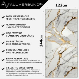 Aluverbund24 Wandpaneel Aurora-Gold in Marmor-Optik, 122x244cm, hochglänzend für Bad & Küche.