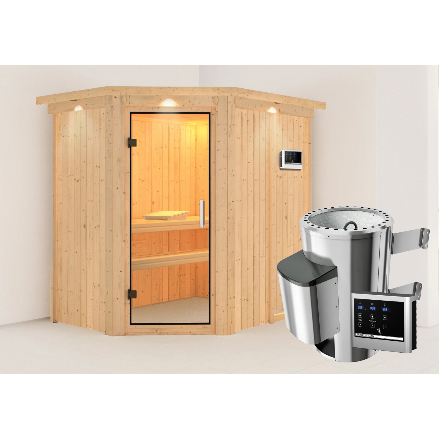 Karibu Sauna Silva mit Ofen externe Stg.Easy LED-Dachkranz Natur