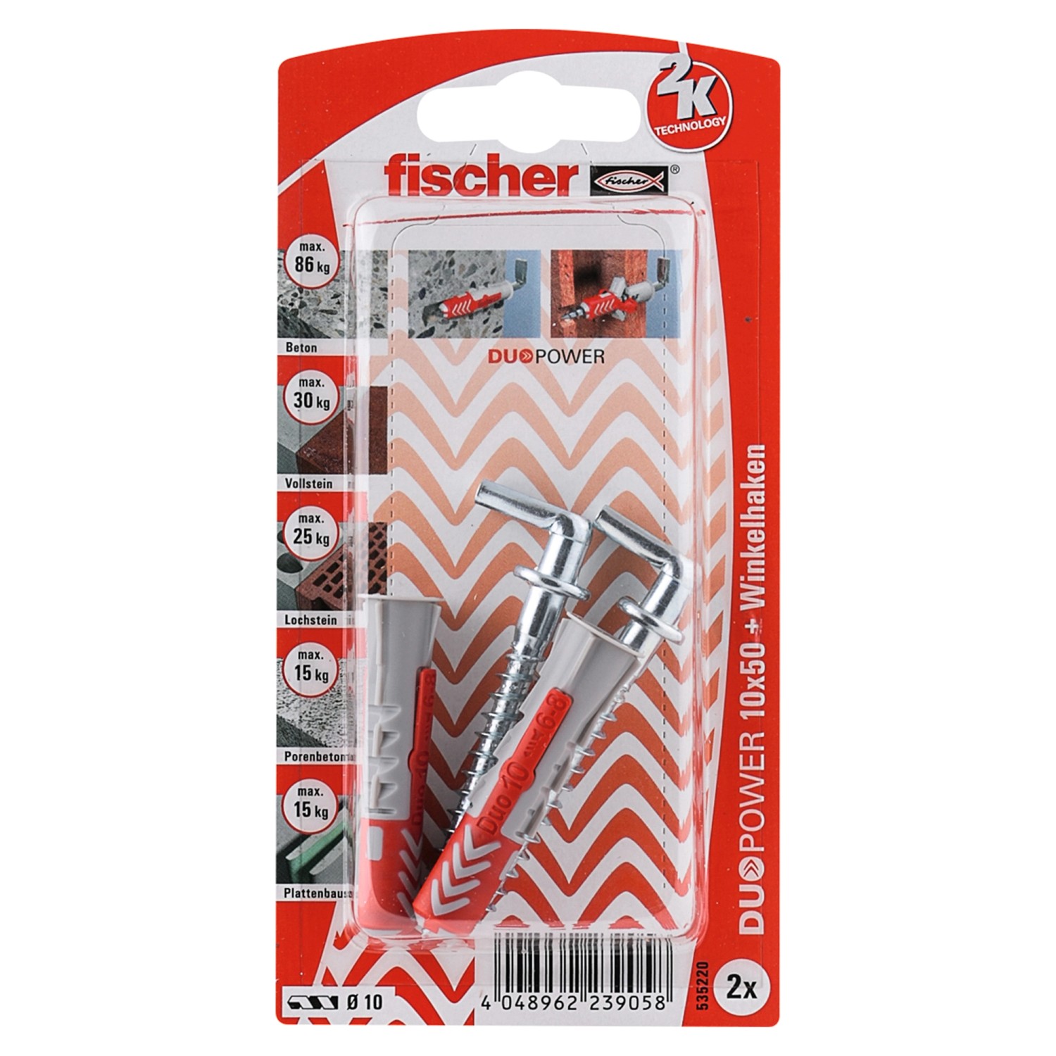 Fischer Dübel DuoPower Ø 10 mm x 50 mm WH K 2 Stück mit Winkelhaken