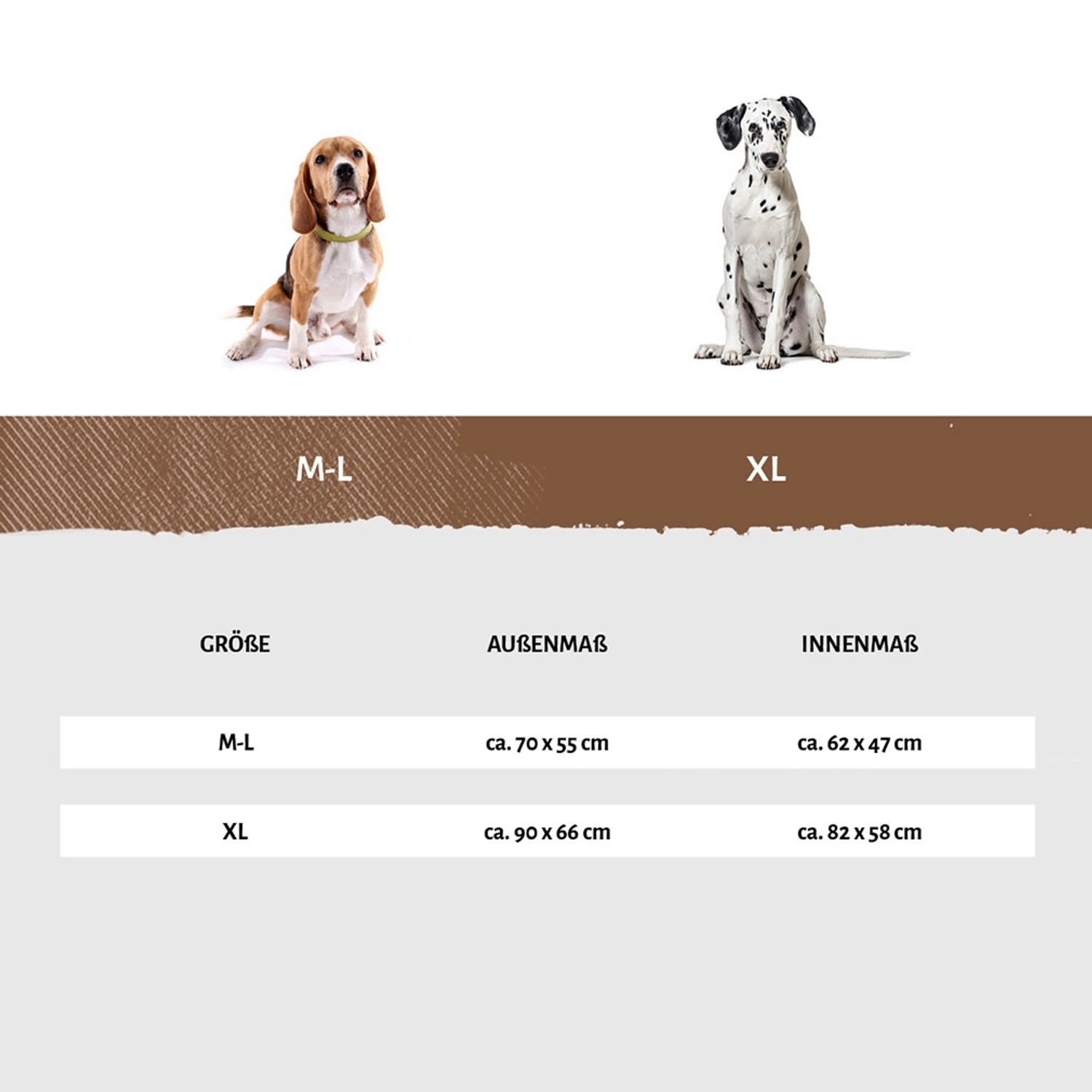 Größenvergleich: Knuffelwuff Hundebett Lena, orthopädisch, braun/beige, Größen M-L und XL.