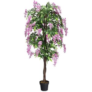 Costway Kunstbaum mit Blättern & 2 Stämmen Kunstblume Rosa 180 cm