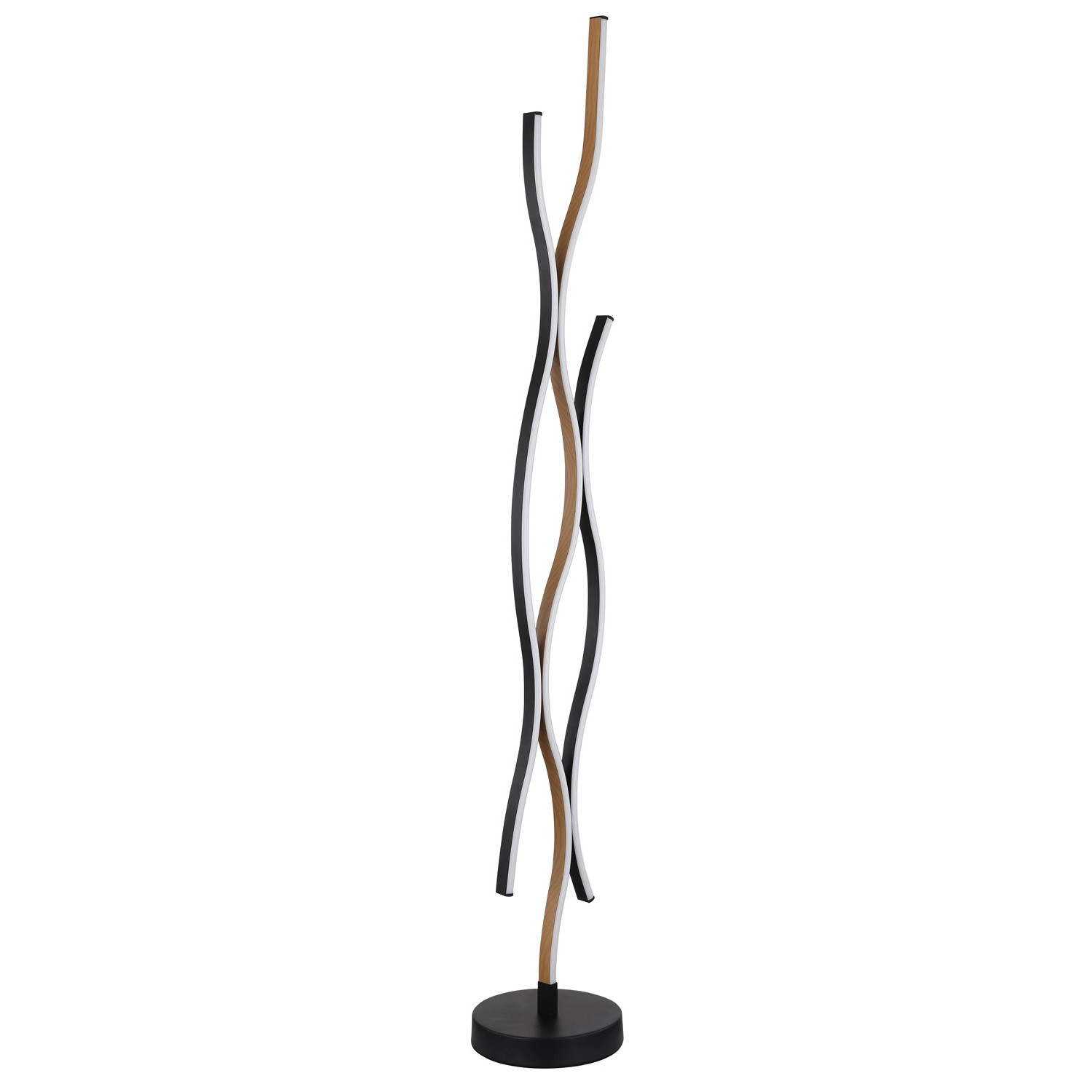 Moderne LED-Stehleuchte Geronimo in Schwarz. Design-Lampe mit geschwungenen Leuchtelementen für Wohnraum.