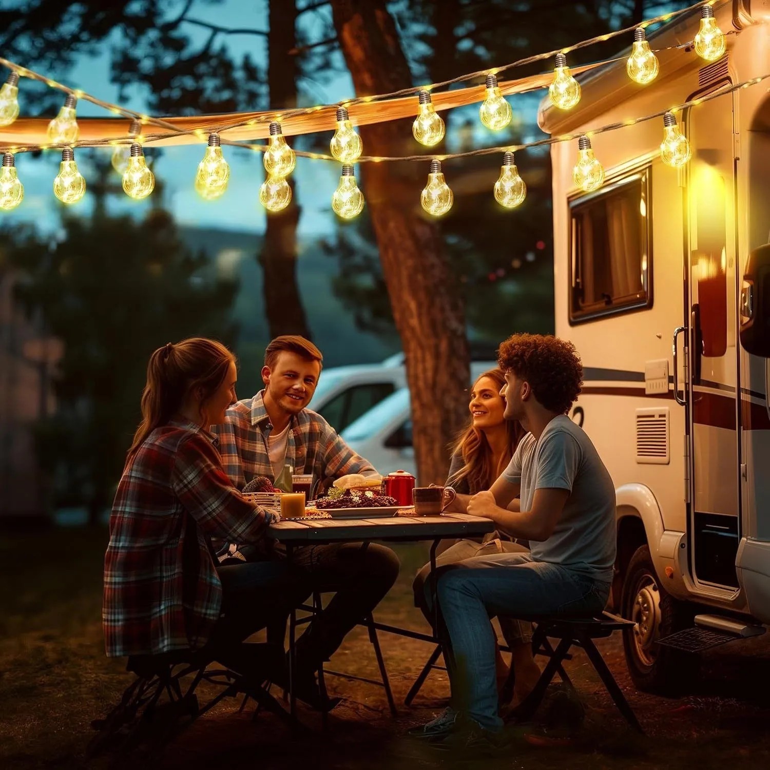 LED Solar-Lichterkette mit warmweißen Glühbirnen schafft gemütliche Atmosphäre im Außenbereich am Camper.