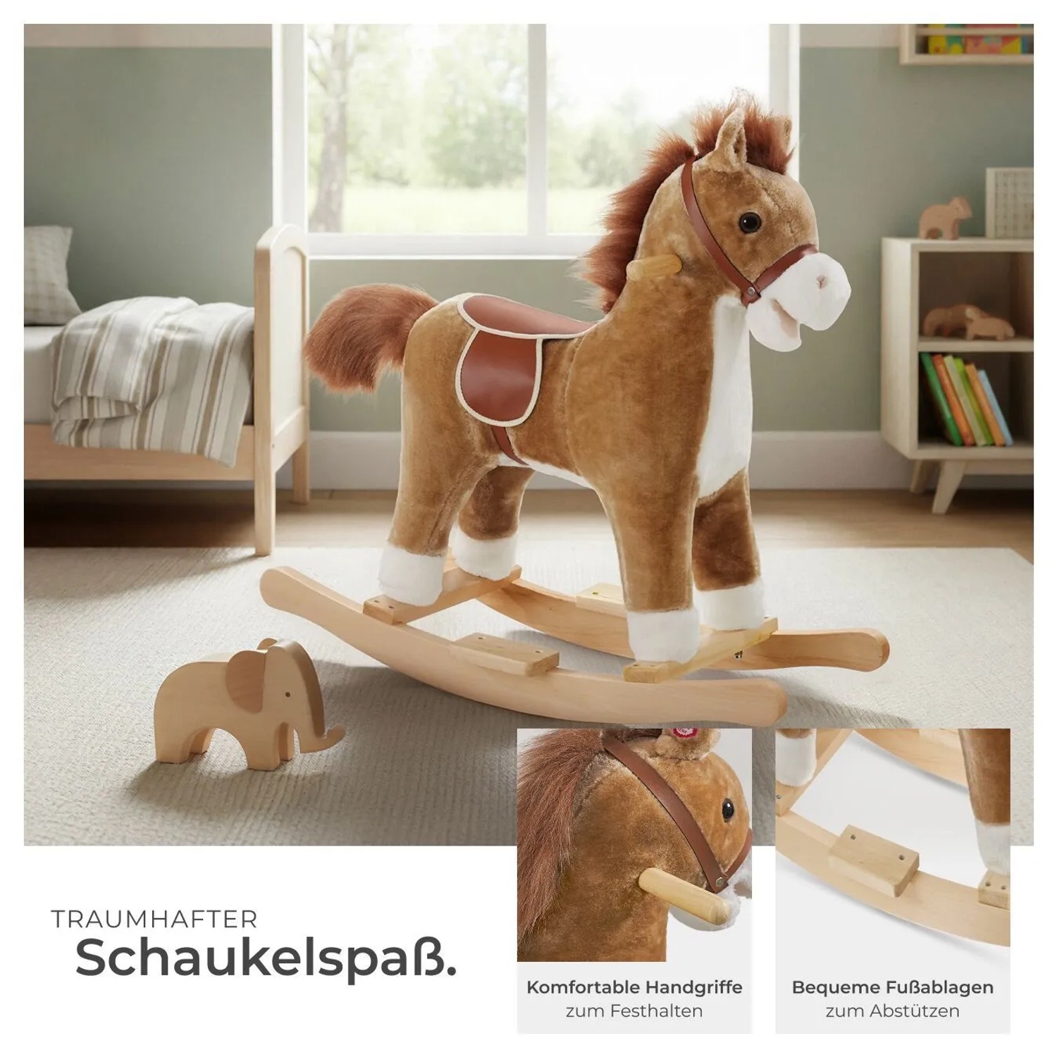Tectake Schaukelpferd  Hochwertiges Design  Mit 2 Soundeffekten Solides Stahlgestell  Weicher Plüschbezug  65 x 31 x 61 cm Braun_4