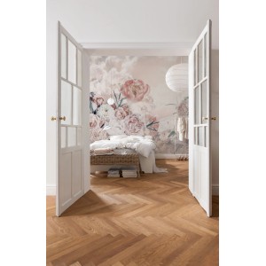Komar Vliesfototapete Blossom Clouds (250x250 cm) im Schlafzimmer mit Blumenmotiv.