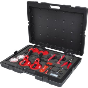 KS TOOLS MASTER Scheiben Werkzeug-Set im schwarzen Koffer mit roten Saughebern und Montagewerkzeugen.