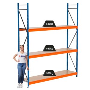 PROREGAL Industrie Weitspannregal Lagerregal MAXIMUS PRO Grundregal HxBxT 300x250x60cm 3 Spanplatten-Fachboden Fachlast 530kg Blau/Orange