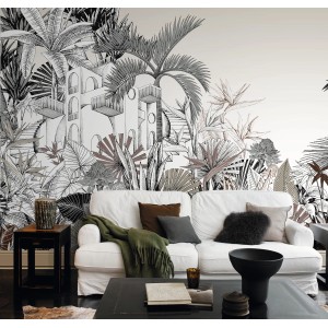 Rasch Digitaltapete Tropical House: Fototapete mit Dschungelmotiv in Hellbeige, 3x4 m.