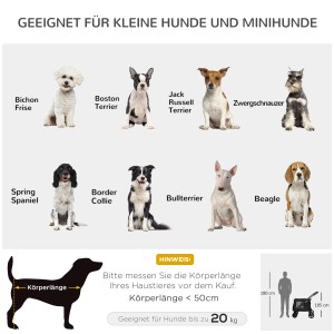 Geeignete Hunderassen für den PawHut Hundewagen, z.B. Bichon Frisé, Terrier, Beagle.