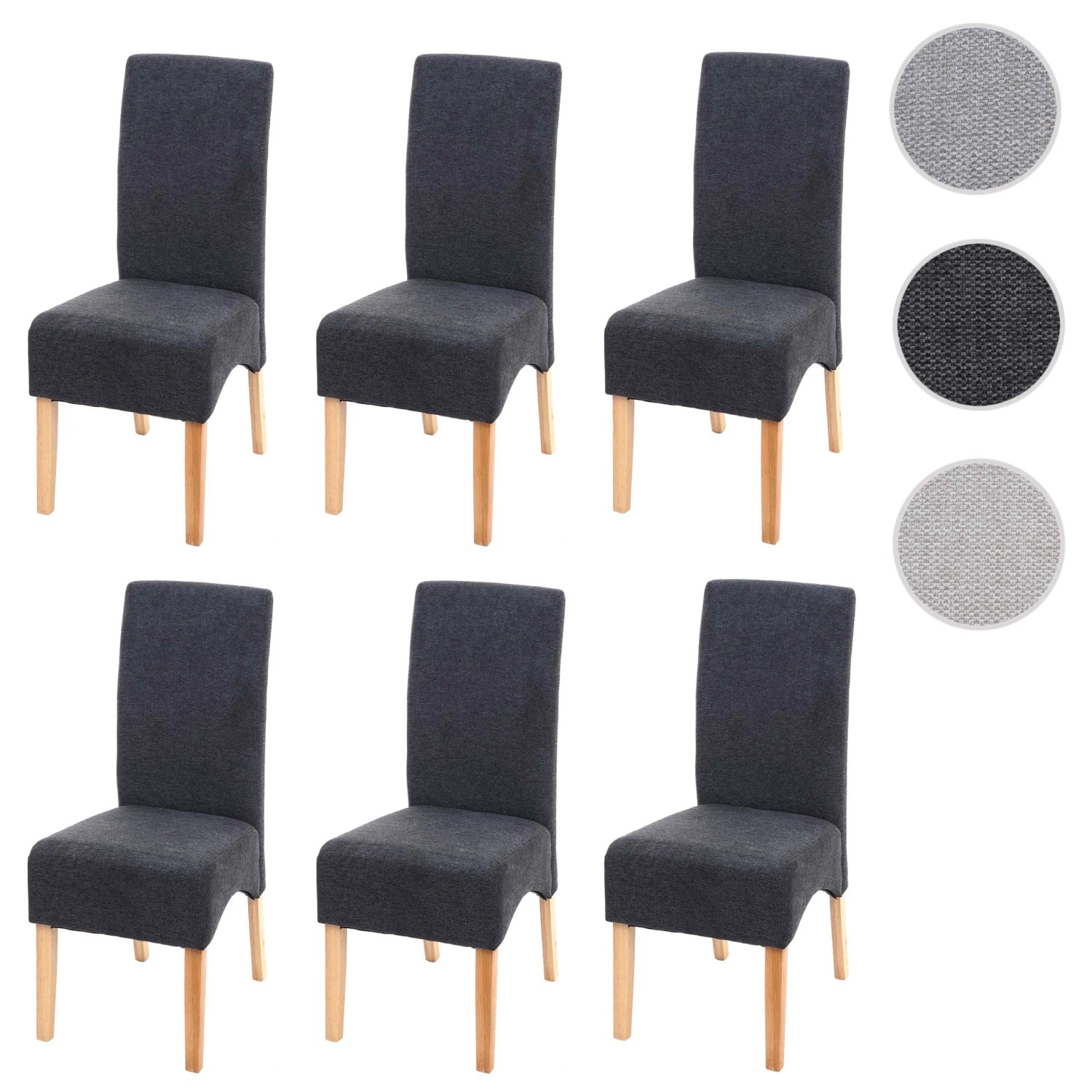 6er-Set Polsterstühle Crotone in Dunkelgrau mit hellen Holzbeinen.