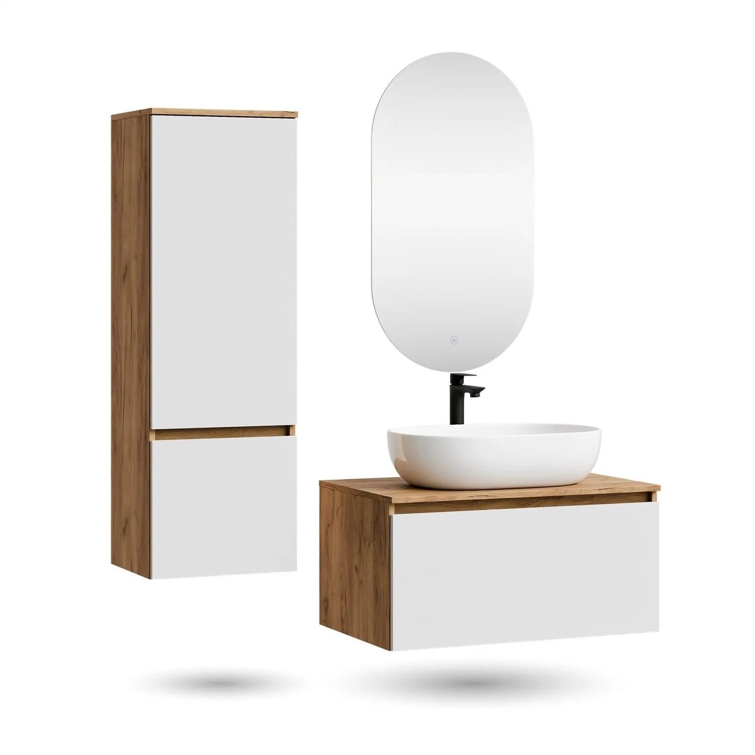 Planetmöbel ARISA Badmöbel Set 80 cm Weiß mit Hochschrank LED Spiegel Dimmbar und Keramik Aufsatzwaschbecken 60 cm Weiß