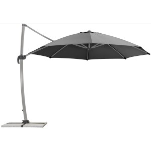 Anthrazitfarbener Schneider Ampelschirm Rhodos, Ø 350 cm, mit Kurbelmechanik und grauem Gestell.