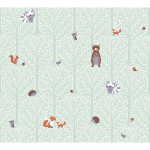 Grüne Vliestapete mit Waldtieren für Kinderzimmer, inklusive Bär, Fuchs, Waschbär und Eule.