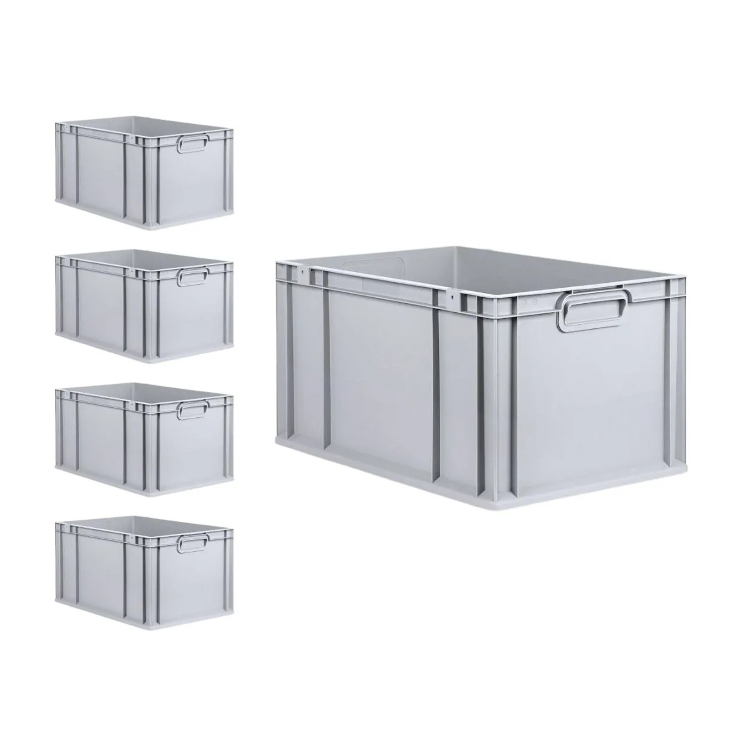 PROREGAL SuperSparSet: 5 graue Euroboxen mit Scharnierdeckel und roten Verschlüssen, 65 Liter.
