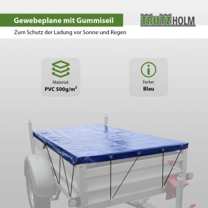 Blaue TRUTZHOLM Anhänger Flachplane aus Gewebe mit Gummiseil auf einem Autoanhänger.