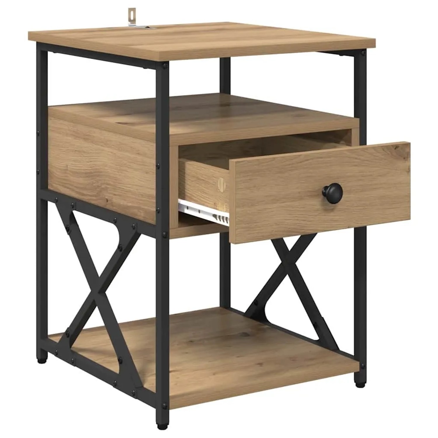 vidaXL Nachttisch Artisan-Eiche, Holzoptik, schwarzes Metallgestell, Schublade und offene Fächer. Modernes Design.