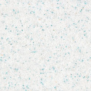 Terralith Kompaktboden Mix Bianco 106: Weißer Steinteppich mit türkisen und beigen Granulaten für fugenlosen Bodenbelag innen.