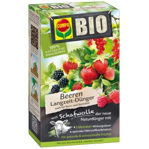 Packung Compo Bio Beeren Langzeit-Dünger mit Schafwolle für gesunde Beerenpflanzen.