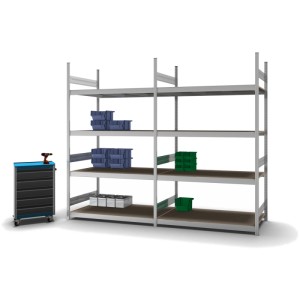 Verzinktes PROREGAL Weitspannregal mit 4 Ebenen und Werkzeugwagen. Ideal für Lager und Werkstatt.