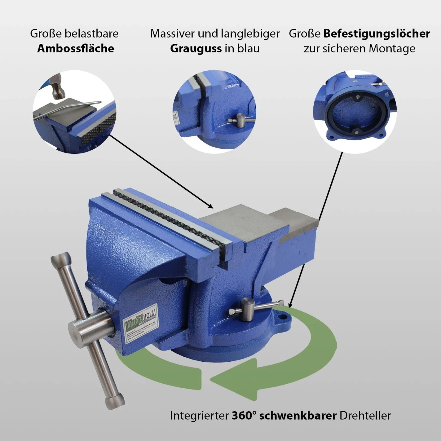 TRUTZHOLM Schraubstock, 200mm, drehbar mit Amboss. Werkzeug für Werkbank.