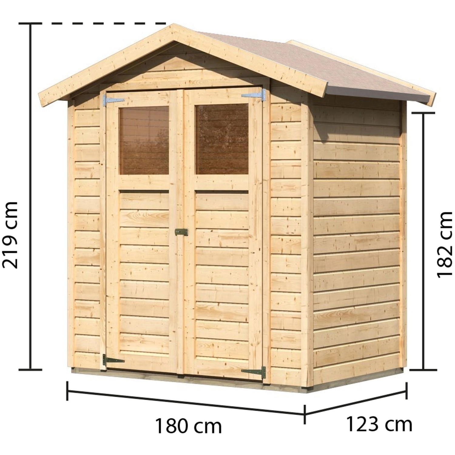 Karibu Holz-Gartenhaus Rom, unbehandelt, mit Satteldach. Abmessungen: 177 x 120 cm.