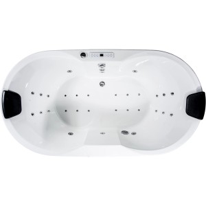 Basera® Corvo Premium Whirlpool-Badewanne, 195x100 cm, Aufsicht. Weißer Indoor Podest-Whirlpool mit schwarzen Kopfstützen.