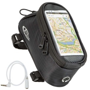 Schwarze Tectake Fahrradtasche mit Rahmenbefestigung, transparentem Handyfach und Audio-Verlängerungskabel.