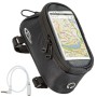 Schwarze Tectake Fahrradtasche mit Rahmenbefestigung, transparentem Handyfach und Audio-Verlängerungskabel.