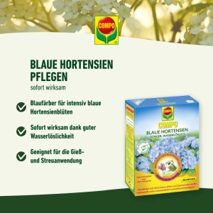 Compo Blaue Hortensien Dünger 800g. Blaufärber für intensive blaue Blüten, sofort wirksam, zum Gießen/Streuen.
